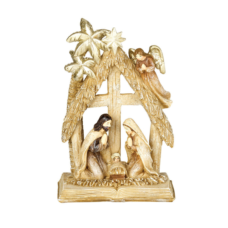 Golden Holy Family Nativity in Creche 5.5 x 3.75 Resin Decorative Tabletop Figurine