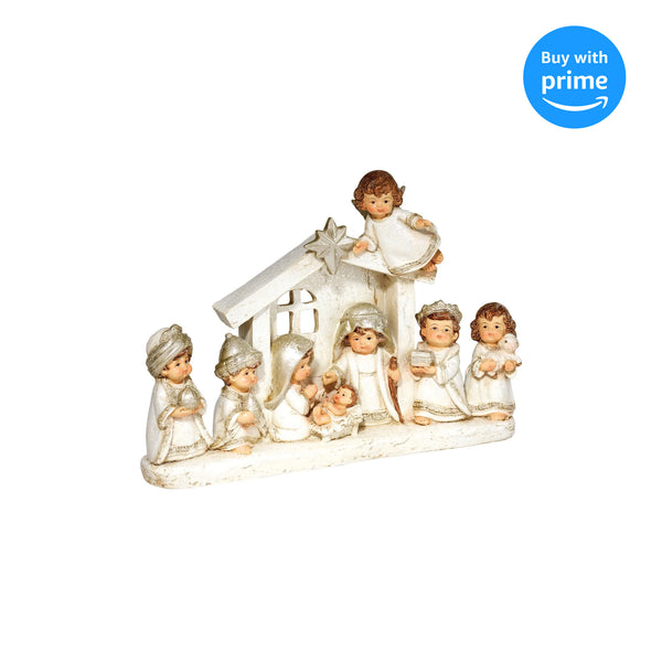 Distressed White Children Nativity with Creche 6 x 8.5 Resin Decorative Tabletop Figurine