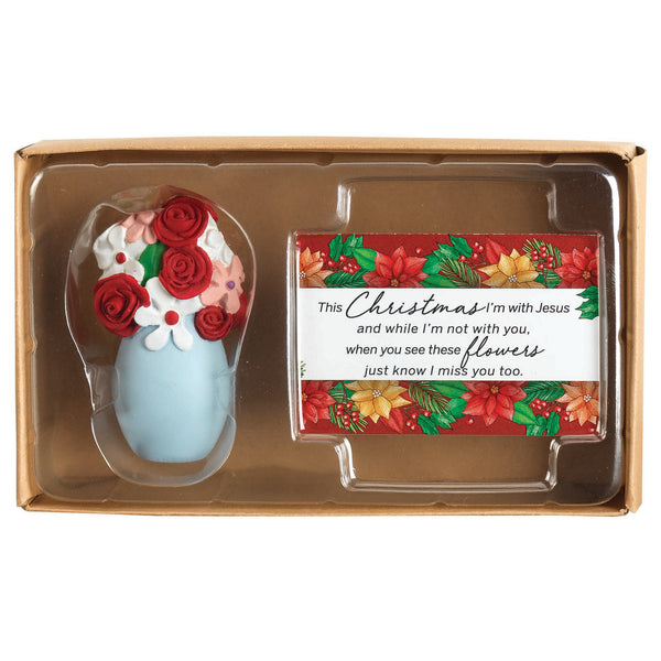 Red Floral Poinsettia Vase 3.75 x 6.5 Resin and paper Decorative Tabletop Figurine with Card