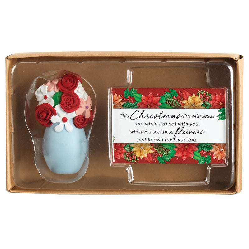 Red Floral Poinsettia Vase 3.75 x 6.5 Resin and paper Decorative Tabletop Figurine with Card