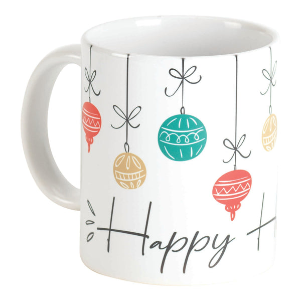 Happy Holidays Red Blue Cream Ornaments 11 ounce Ceramic Cafe Coffee Tea Cup Mug