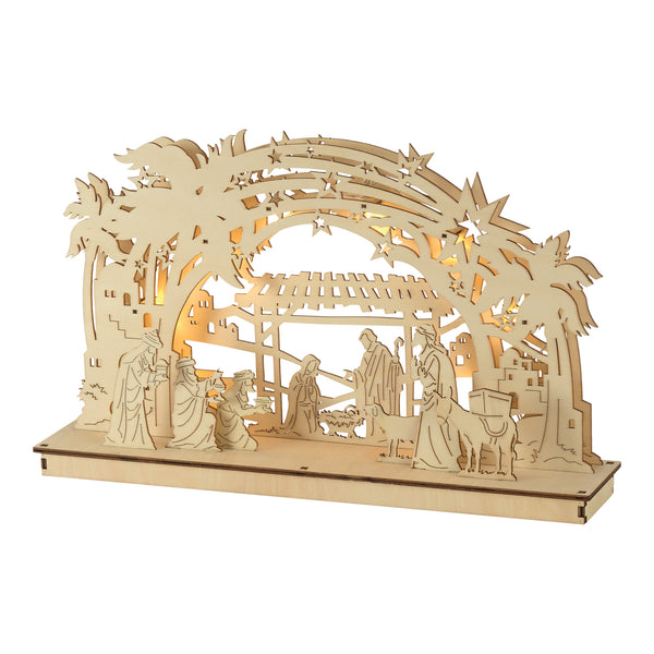 Natural Brown Nativity Manger LED 11 x 17 Plywood Decorative Tabletop Figurine