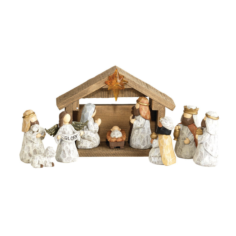 Distressed Natural Brown Nativity with Creche 3 x 1.75 Resin Decorative Tabletop Figurine Set 10