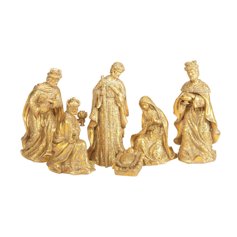 Antiqued Golden Nativity 8 x 3.5 Resin Decorative Tabletop Figurine Set 6