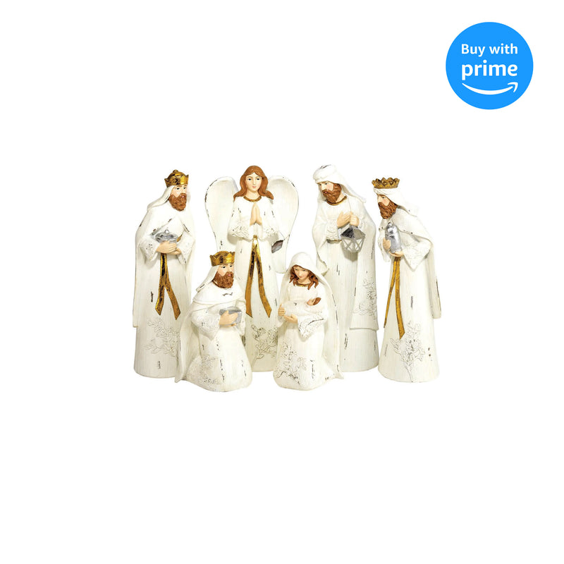 Whitewash Gold Foil Traditional Nativity 7 x 2.5 Resin Decorative Tabletop Figurine Set 6
