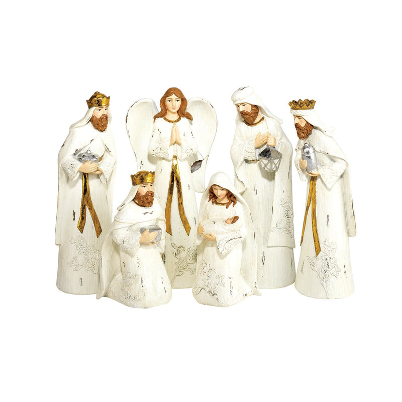 Whitewash Gold Foil Traditional Nativity 7 x 2.5 Resin Decorative Tabletop Figurine Set 6