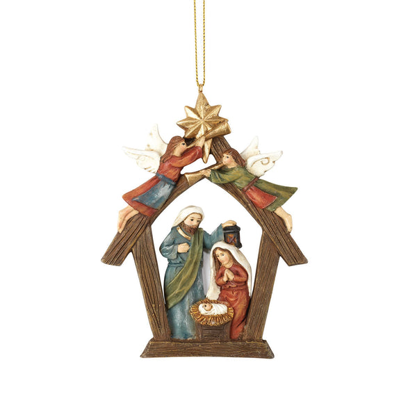 Rustic Brown Creche with Angel Nativity 4.5 x 3.5 Resin Decorative Hanging Ornament