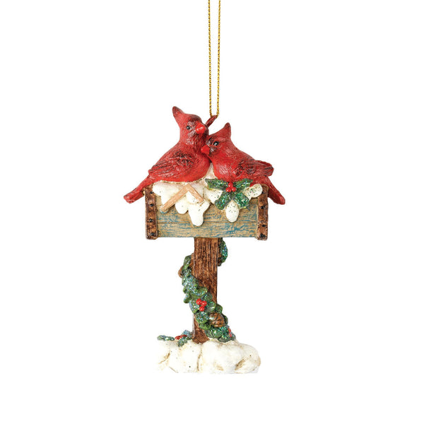 Weathered Red Cardinals on Mailbox 4 x 2.5 Resin Decorative Hanging Ornament