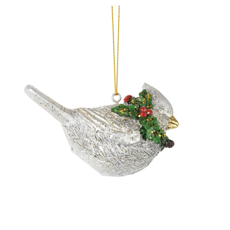 Silver Tone Sparkle Cardinal 2 x 3.25 Resin Decorative Hanging Ornament Set 2