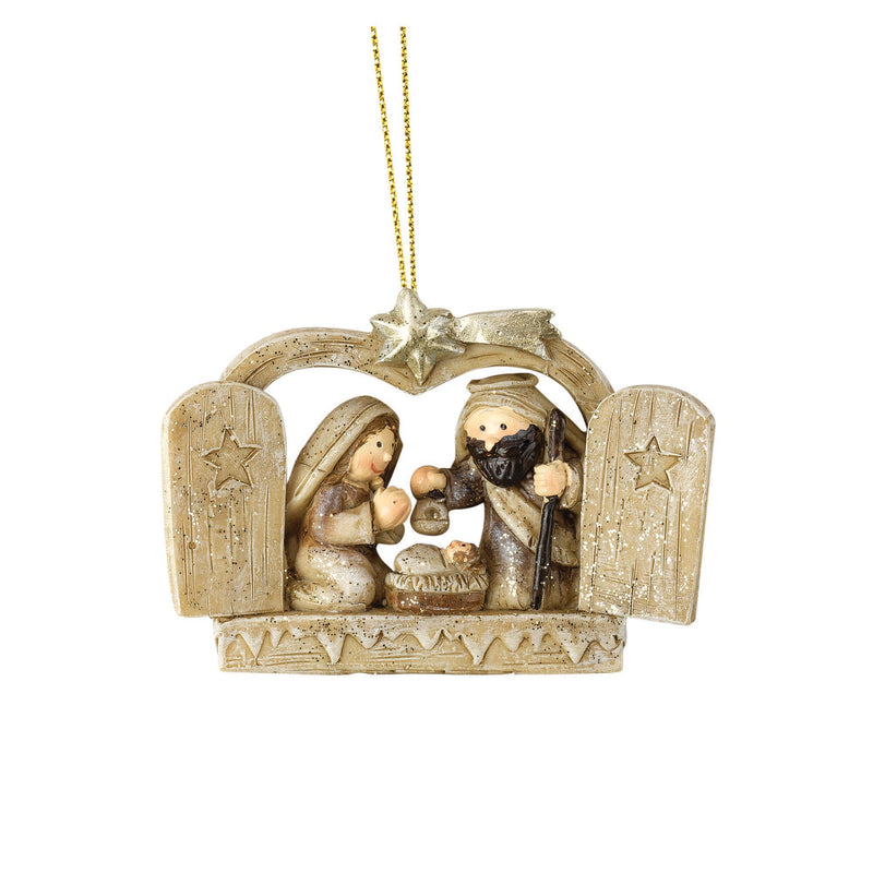 Weathered Brown Holy Family in Creche 2 x 2.75 Resin Decorative Hanging Ornament