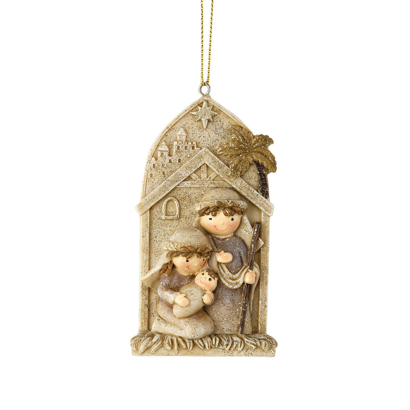 Weathered Sparkle Brown Holy Family in Creche 4 x 2.25 Resin Decorative Hanging Ornament