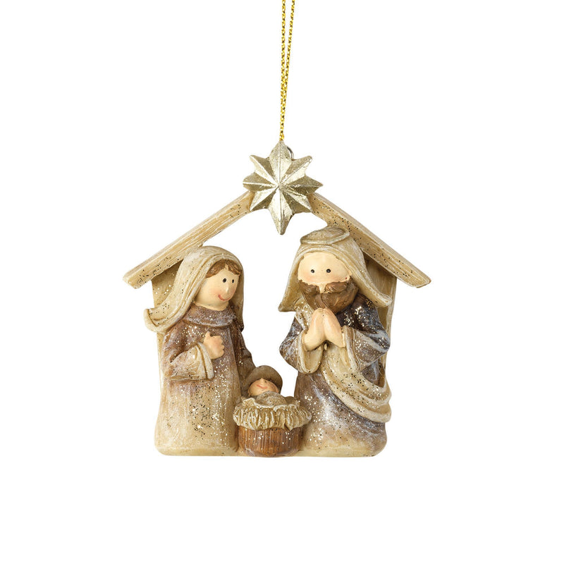 Glittered Whitewash Holy Family in Creche 3 x 3 Resin Decorative Hanging Ornament