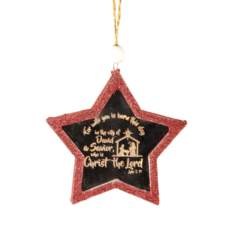Glittered Red Star Holy Family in Creche Lighted 3.5 x 3.5 Resin Decorative Hanging Ornament