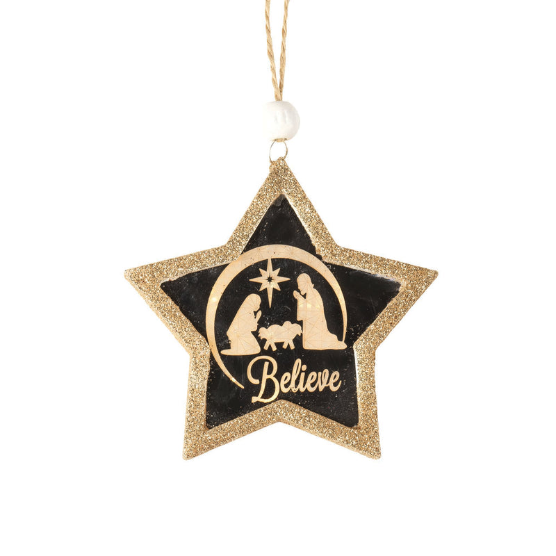 Believe Golden Sparkle Nativity Star Lighted 3.5 x 3.5 Resin Decorative Hanging Ornament