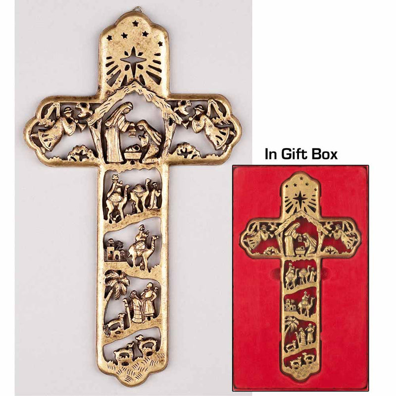Dicksons Nativity Cross Antique Brushed Gold Tone 5 x 12 Resin Stone Christmas Wall Sign Plaque