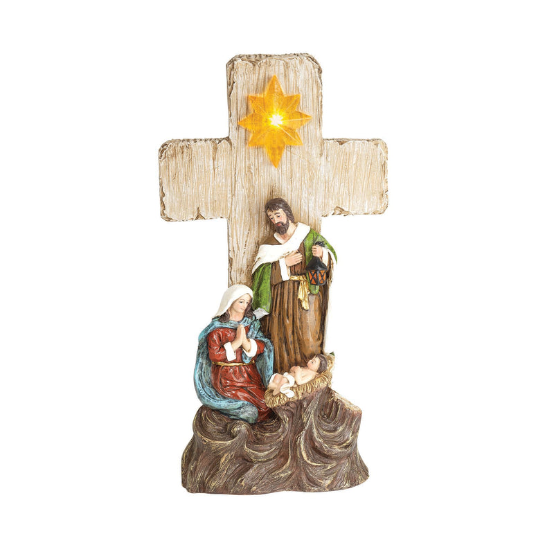 Natural Brown Look Holy Family Cross 12.25 x 6.5 Resin Decorative Tabletop Cross Figurine