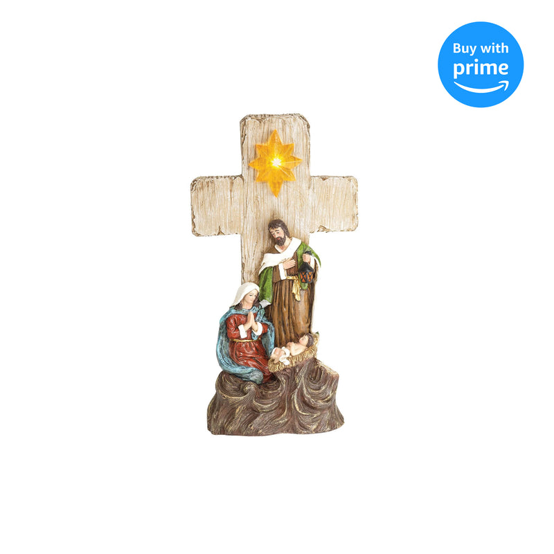 Natural Brown Look Holy Family Cross 12.25 x 6.5 Resin Decorative Tabletop Cross Figurine