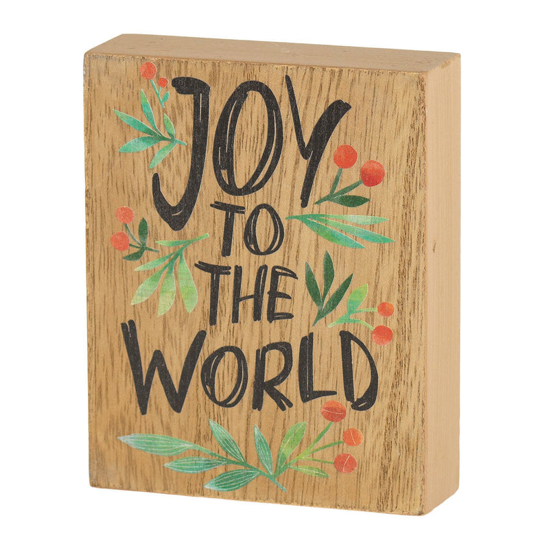 Joy to the World Holly Red 4 x 3 MDF Decorative Tabletop Block Sign