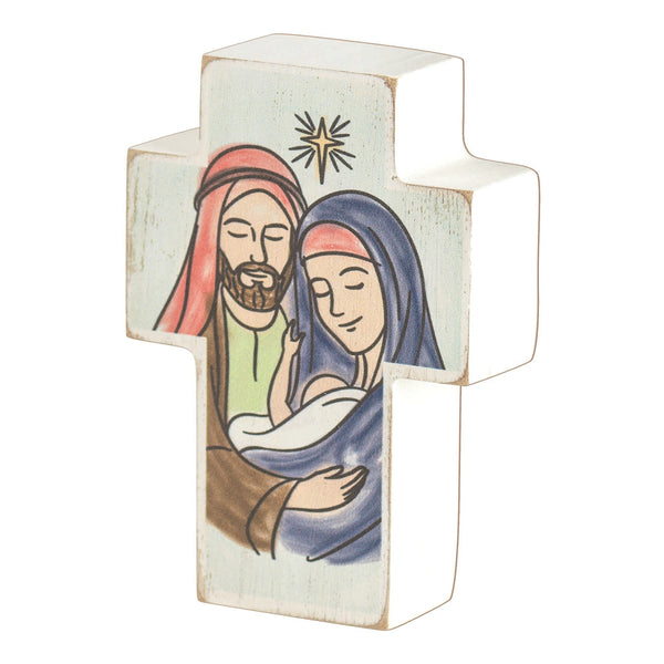 Weathered White Holy Family 4 x 2.75 MDF Decorative Tabletop Cross