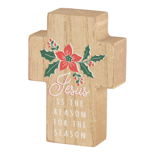 Reason For The Season Holly Red 4 x 2.75 MDF Decorative Tabletop Cross