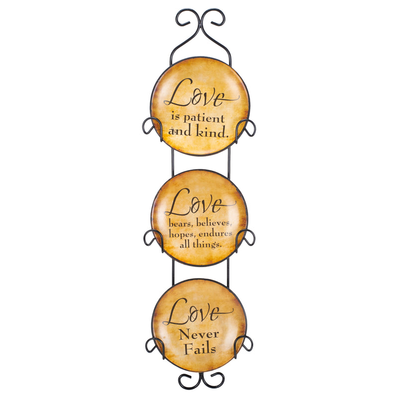 Love Never Fails 18 x 5 Mini Ceramic Wall Plates and Metal Hanger Set of 3