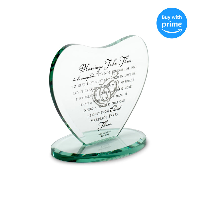 Dicksons Marriage Takes Three Heart Shaped Black Letter 7 x 7.5 Glass Table Top Sign Plaque