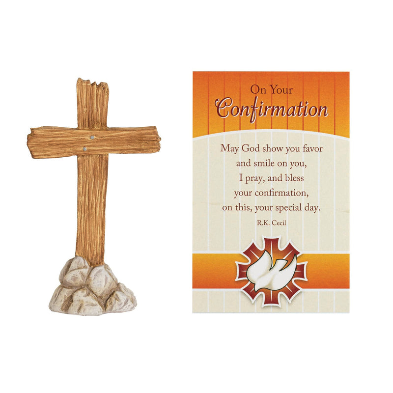 Confirmation Cross Natural Brown 3 inch Resin Stone Tabletop Figurine and Card