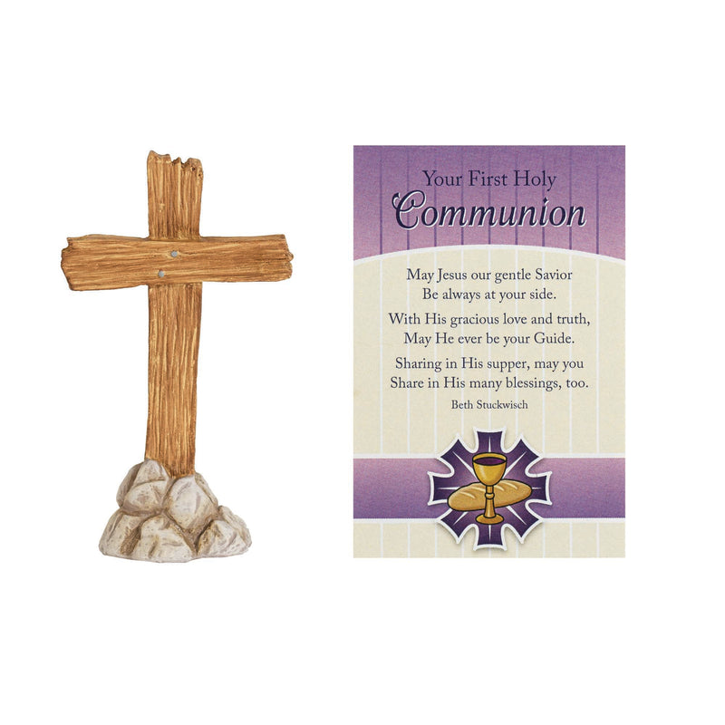 Communion Cross Natural Brown 3 inch Resin Stone Tabletop Figurine and Card