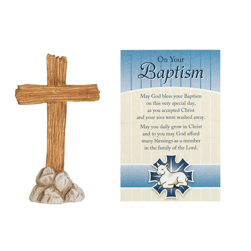 Baptism Cross Natural Brown 3 inch Resin Stone Tabletop Figurine and Card