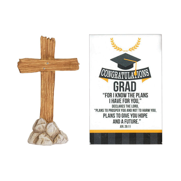 Graduation Cross Natural Brown 3 inch Resin Stone Tabletop Figurine and Card