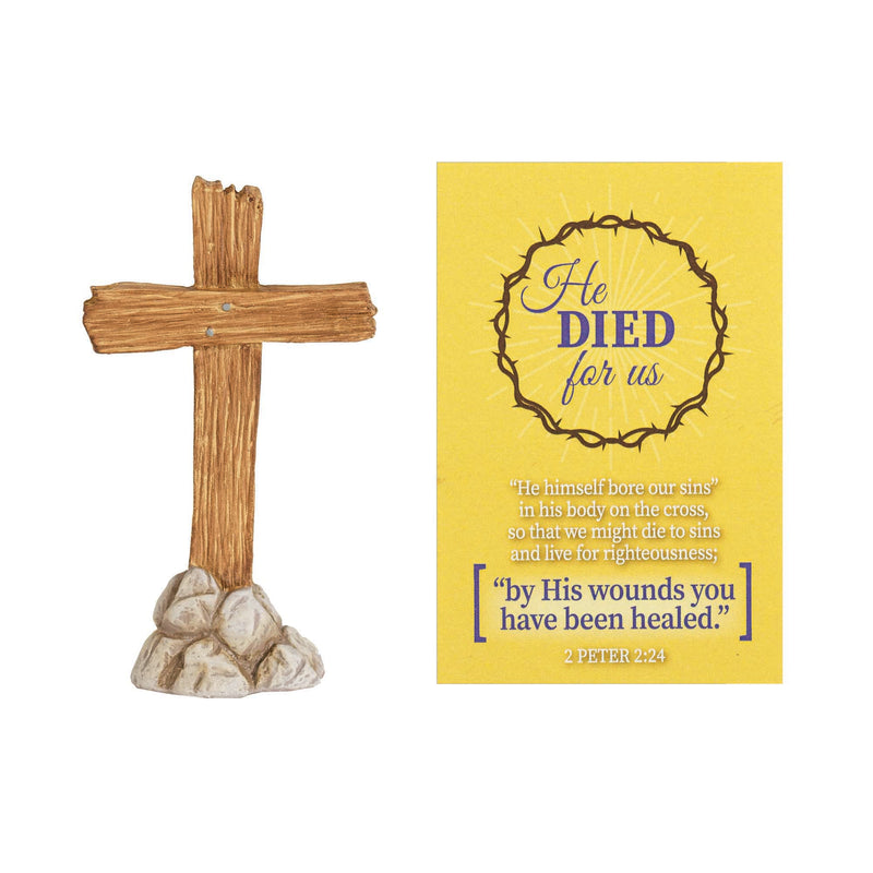 He Died For Us Cross Natural Brown 3 inch Resin Stone Tabletop Figurine and Card