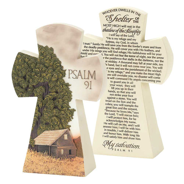 Dicksons Barn and Farm Scene Psalm 91 Cross 7.5 Resin Stone Table Top Figurine
