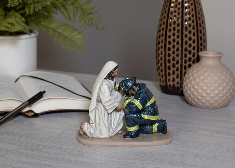 Praying Firefighter with Jesus 5 x 6 Resin Decorative Tabletop Figurine