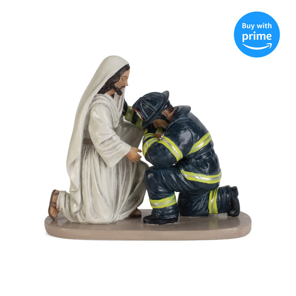 Praying Firefighter with Jesus 5 x 6 Resin Decorative Tabletop Figurine