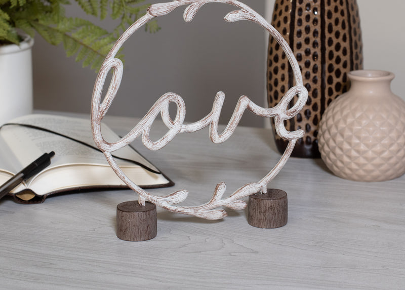 Whitewash Love Round Frame On Stand 8.5 x 7.5 Resin Decorative Tabletop Sign Figurine