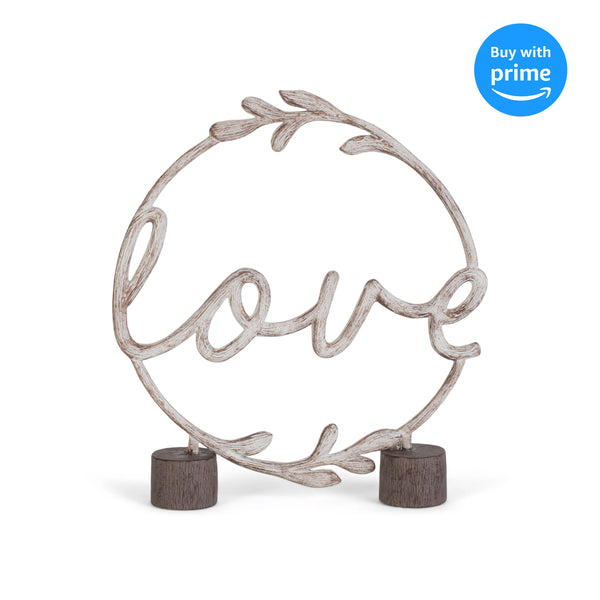 Whitewash Love Round Frame On Stand 8.5 x 7.5 Resin Decorative Tabletop Sign Figurine