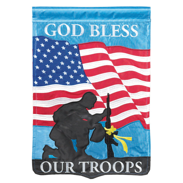 Patriotic God Bless Our Troops Soldier Silhouette 18 x 13 Shield Shape Small Garden Flag