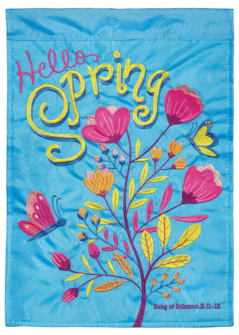 Hello Spring Pink Floral 13 x 18 Polyester Outdoor Small Double Applique Garden Flag