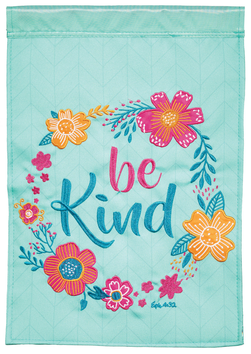 Be Kind Teal Floral 13 x 18 Polyester Outdoor Small Double Applique Garden Flag