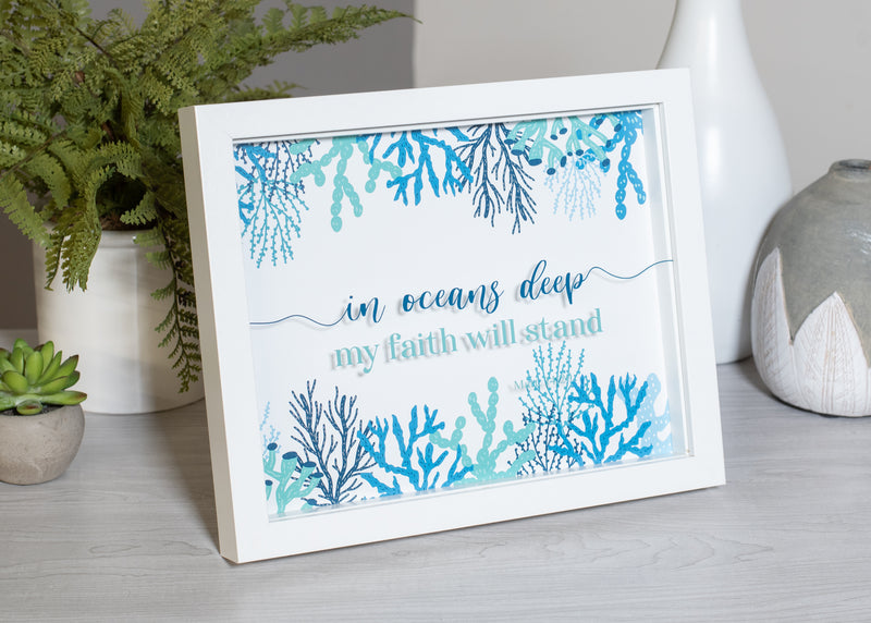 Oceans Deep Faith Will Stand Blue Coral 11 x 9 Wood and Glass Decorative Wall and Tabletop Frame