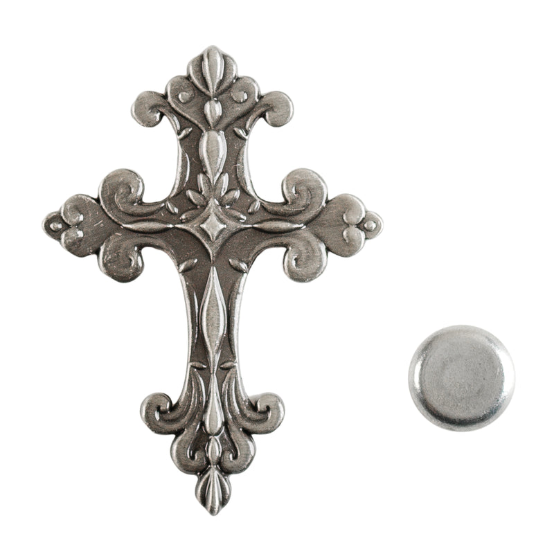 Ornate Silvertone Cross 2 inch Alloy Magnetic Lapel Brooch Pin