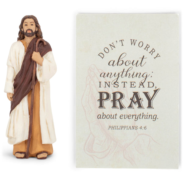 Don't Worry Instead Pray Creamy White Jesus 3 inch Resin Decorative Tabletop Figurine With Card