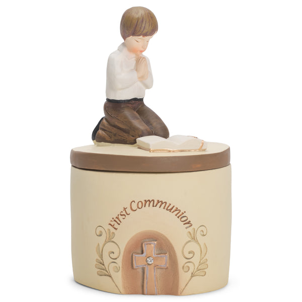 Dicksons First Communion Praying Boy John 6:35 Resin Stone 5 inch Keepsake Box