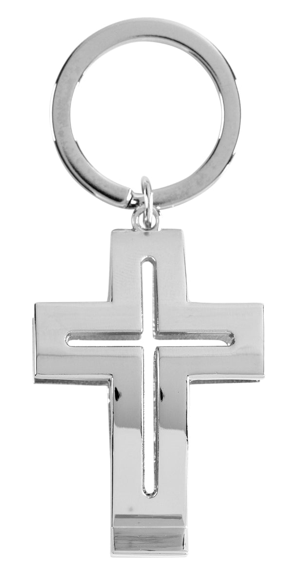Silvertone Cross Cutout 2 x 1 Metal  Novelty Keychain Accessory