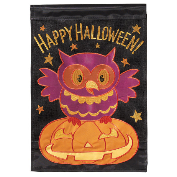 Magnolia Garden Happy Halloween Owl Black 13 x 18 Small Double Applique Outdoor Halloween House Flag