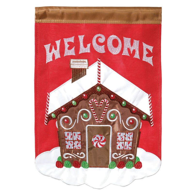Magnolia Garden Gingerbread House Welcome Cozy Red 13 x 18 Small Double Applique Outdoor Holiday House Flag
