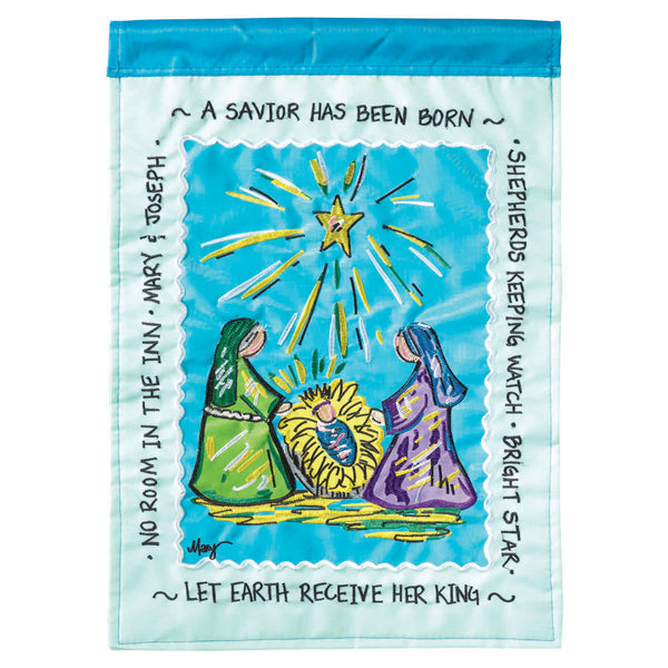 Magnolia Garden A Savior Has Been Born Sky Blue 13 x 18 Small Double Applique Outdoor Christmas House Flag