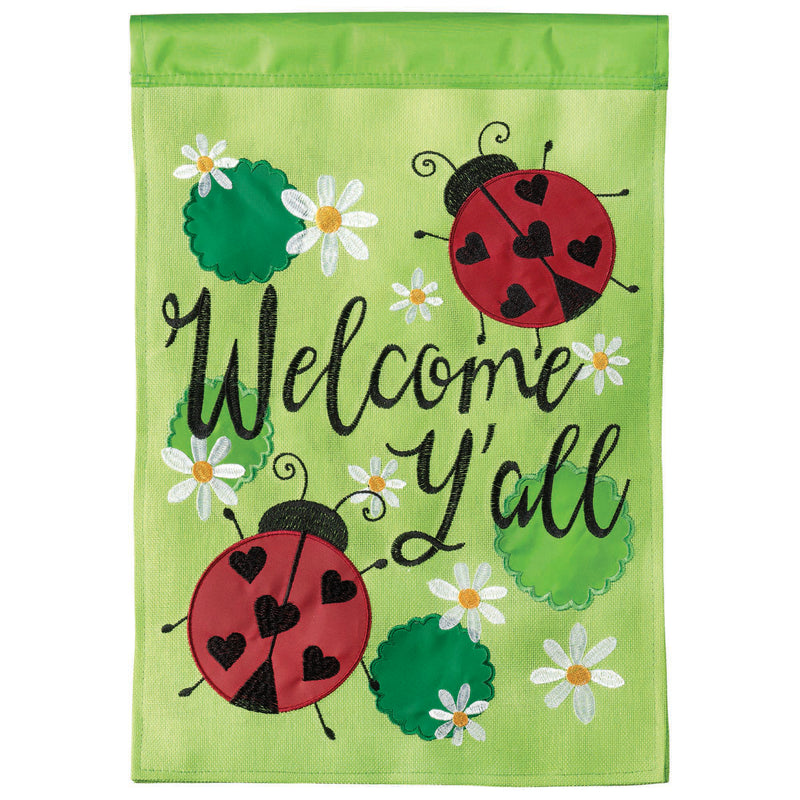 Magnolia Garden Welcome Y'all Green Red Ladybug 19 x 13 Burlap Small House Flag