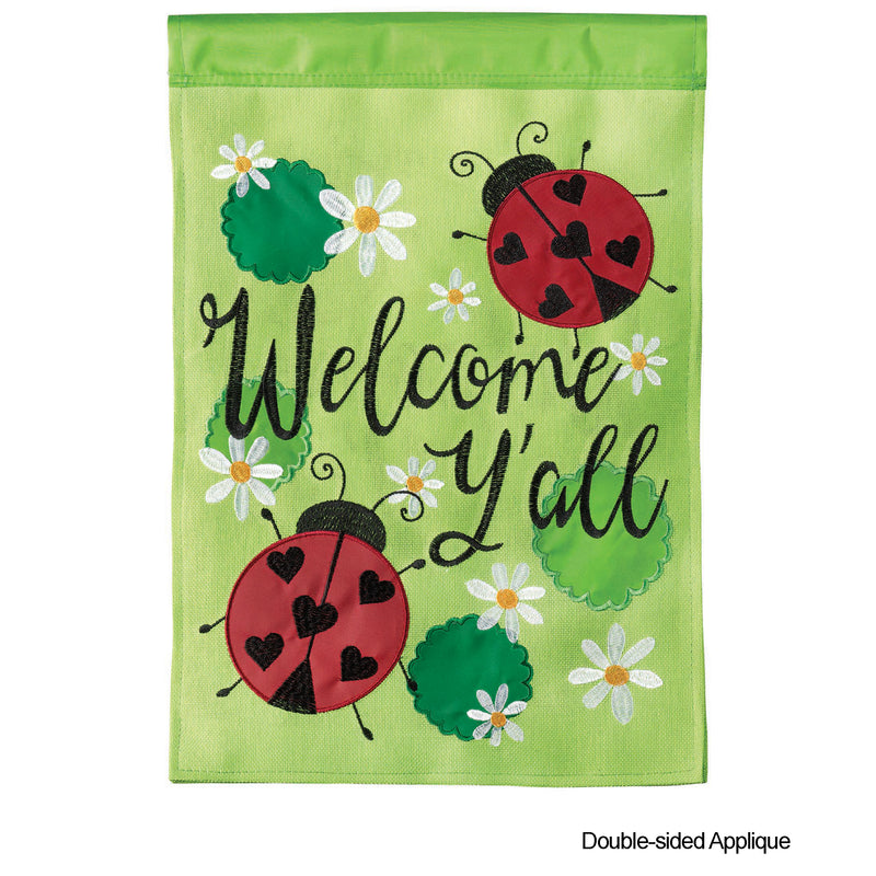Magnolia Garden Welcome Y'all Green Red Ladybug 19 x 13 Burlap Small House Flag