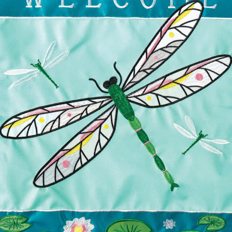 Magnolia Garden Welcome Dragonfly Blue Mossy Green 19 x 13 Burlap Small House Flag